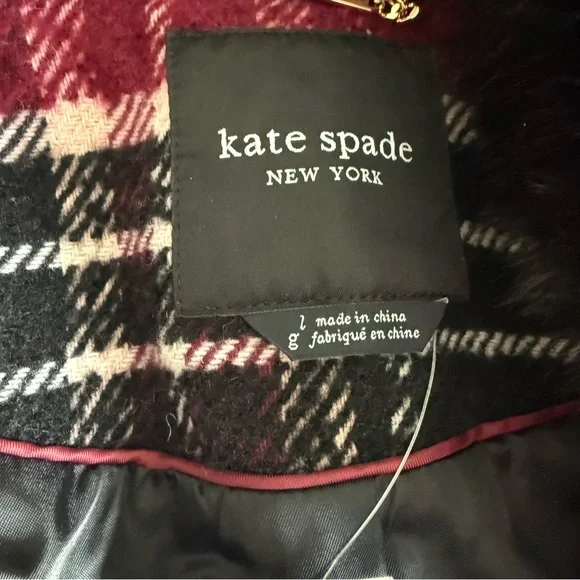 NWT Kate Spade Top Collar Fur Plaid Wool Coat - Picture 5 of 7
